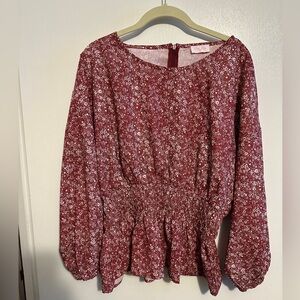 Pink Lily Size XL Red and White Floral Print Smocked Waist Blouse